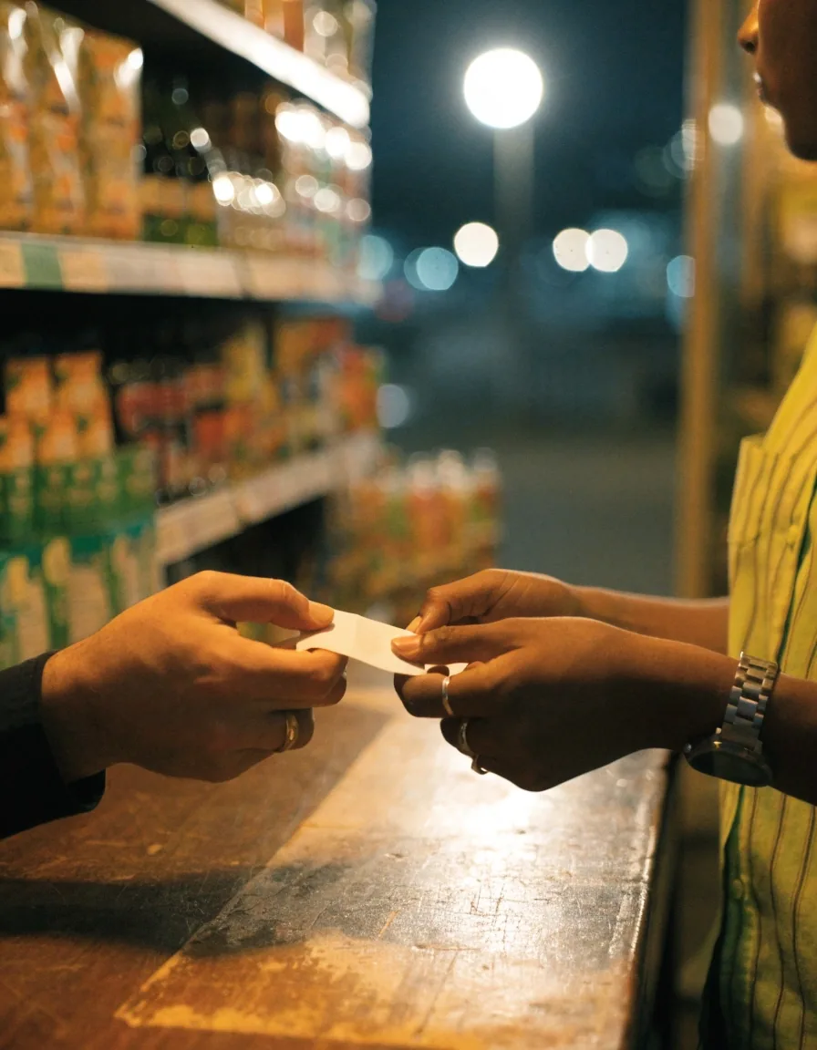 Mostrador de una tienda de barrio en Costa Rica donde se compra saldo electrónico de noche