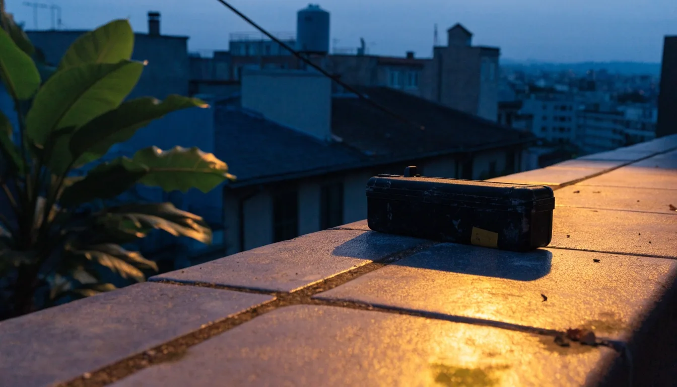 Teléfono sobre un antepecho de ventana con vista a una calle de San José al anochecer