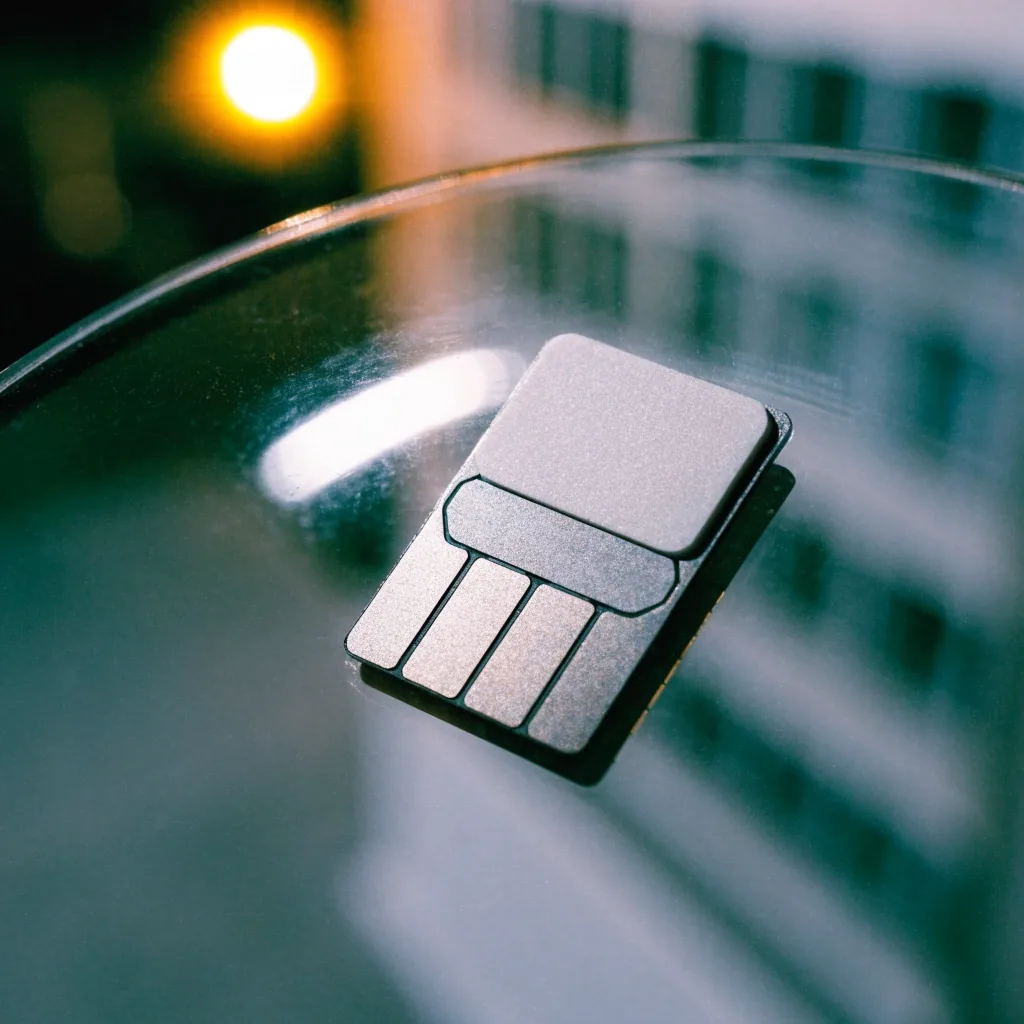 Chip prepago sobre una superficie de vidrio con luz cálida entrando desde un costado
