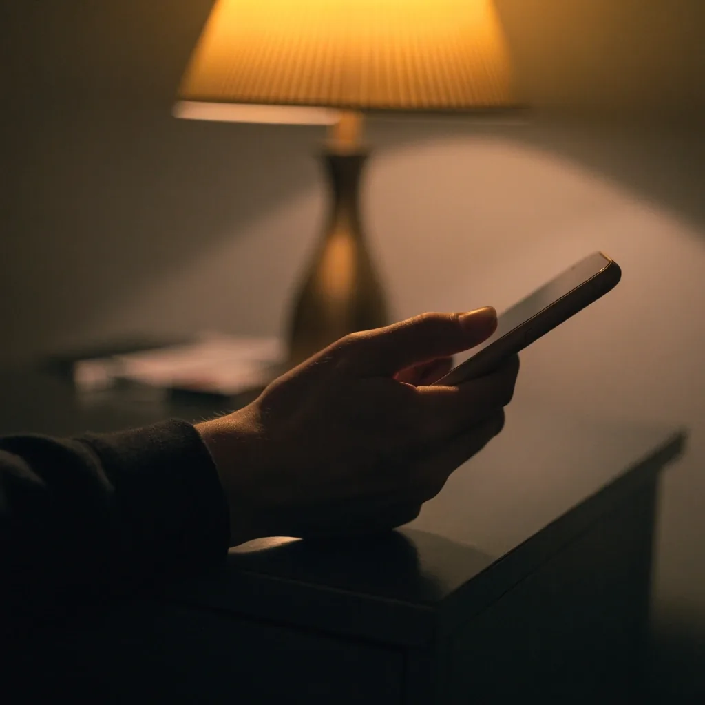 Mano sosteniendo un teléfono con la pantalla girada hacia otro lado en una mesa de noche