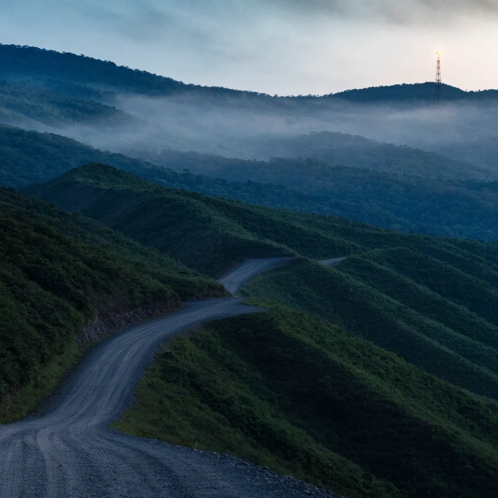 Camino de montaña en el interior de Costa Rica al atardecer con una torre de comunicaciones a lo lejos