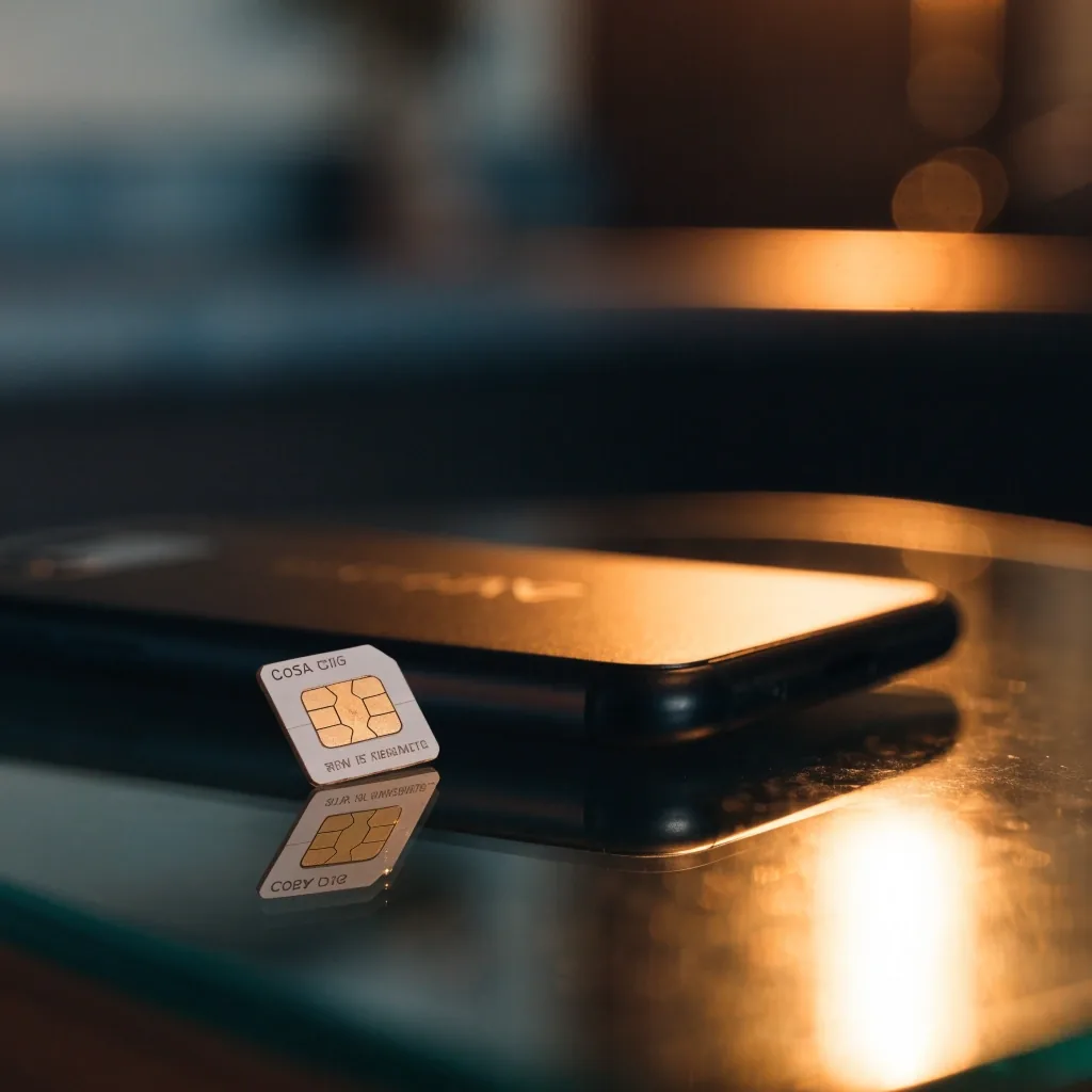 Tarjeta SIM prepago sobre una superficie de cristal junto a un teléfono boca abajo