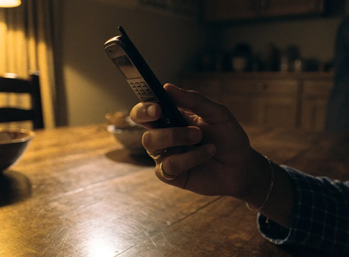 Mano sosteniendo un teléfono con la pantalla girada, sobre una mesa de madera por la noche