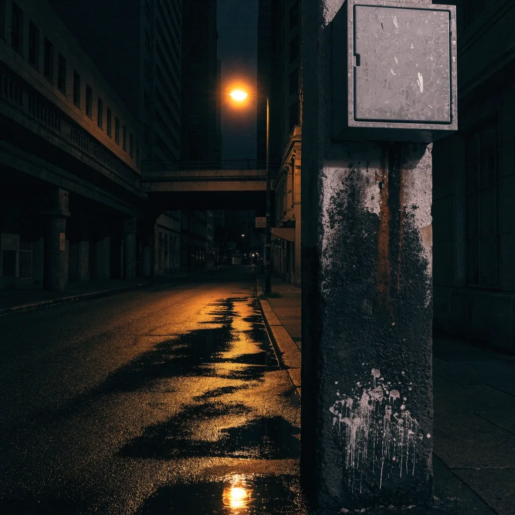 Esquina de San José al atardecer con la acera mojada y una caja de acceso telefónico en la pared